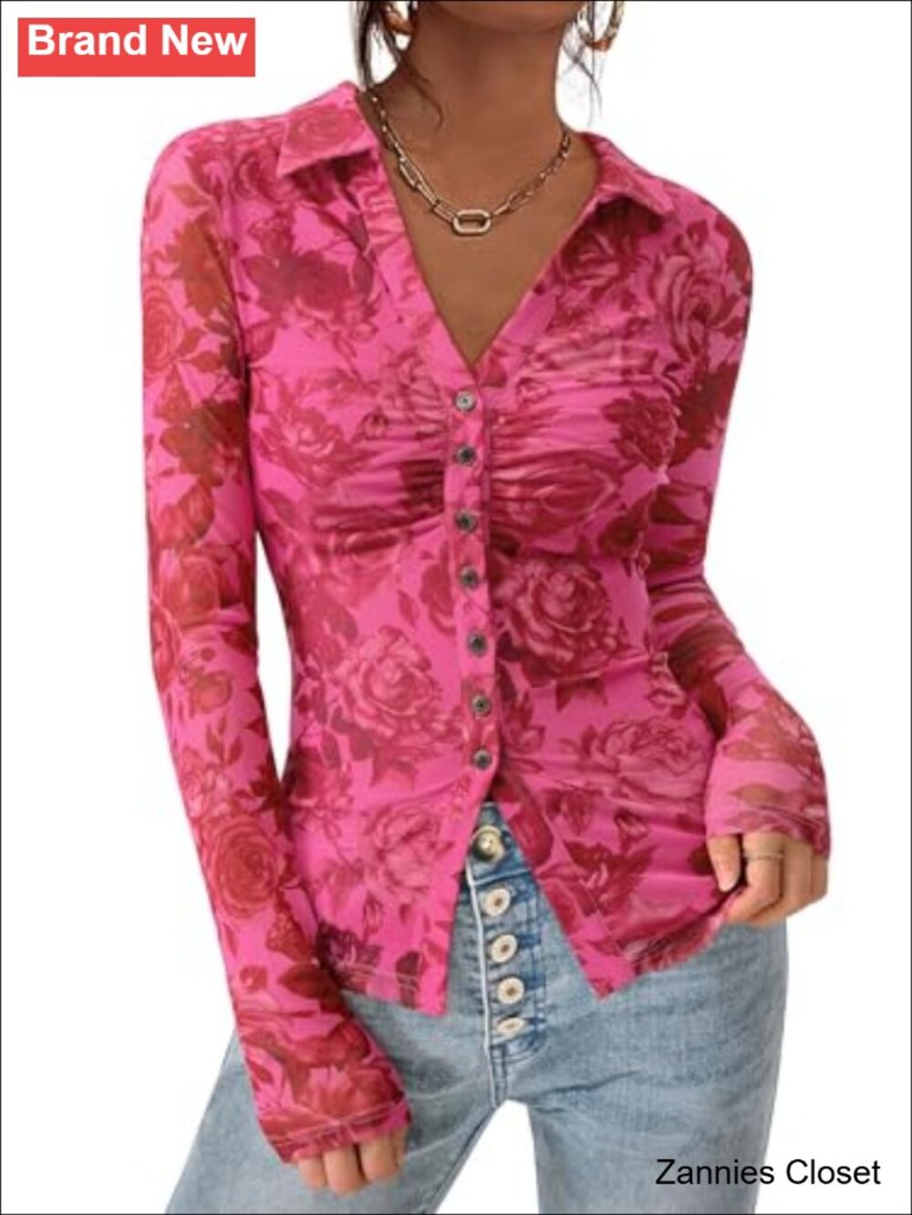 ✨PRETTYGARDEN Women's Mesh Floral Button Down Blouse V-Neck Long Sleeve Top